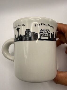 FISHS EDDY White Seattle Skyline Ceramic Mug w/Black Illustration